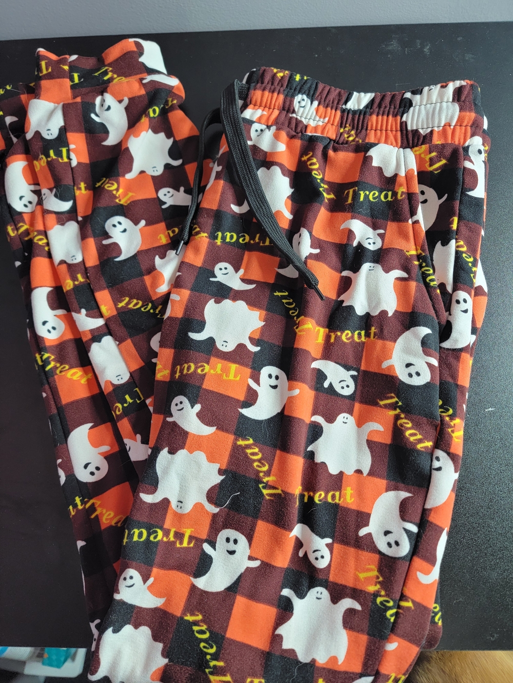 Women's Halloween Ghost Plaid Leggings - Orange/Black/White